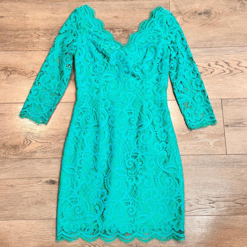 Lilly Pulitzer Helene‎ Lace Sheath Dress V Neck 3/4 Sleeve Turquoise Size 0